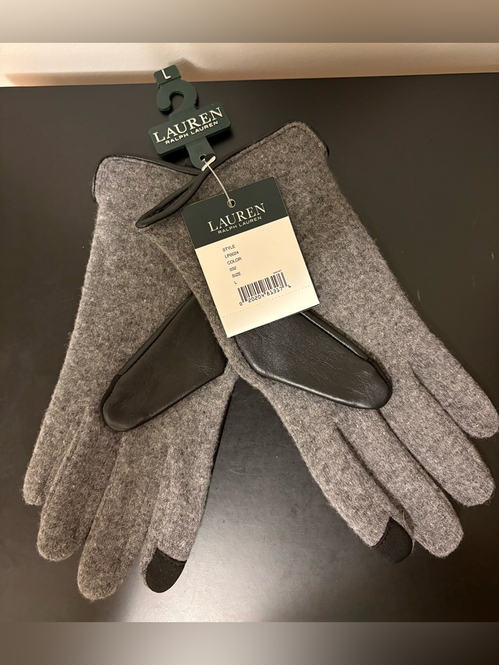 Ralph Lauren Gray Wool-Blend Gloves with Black Leather Trim